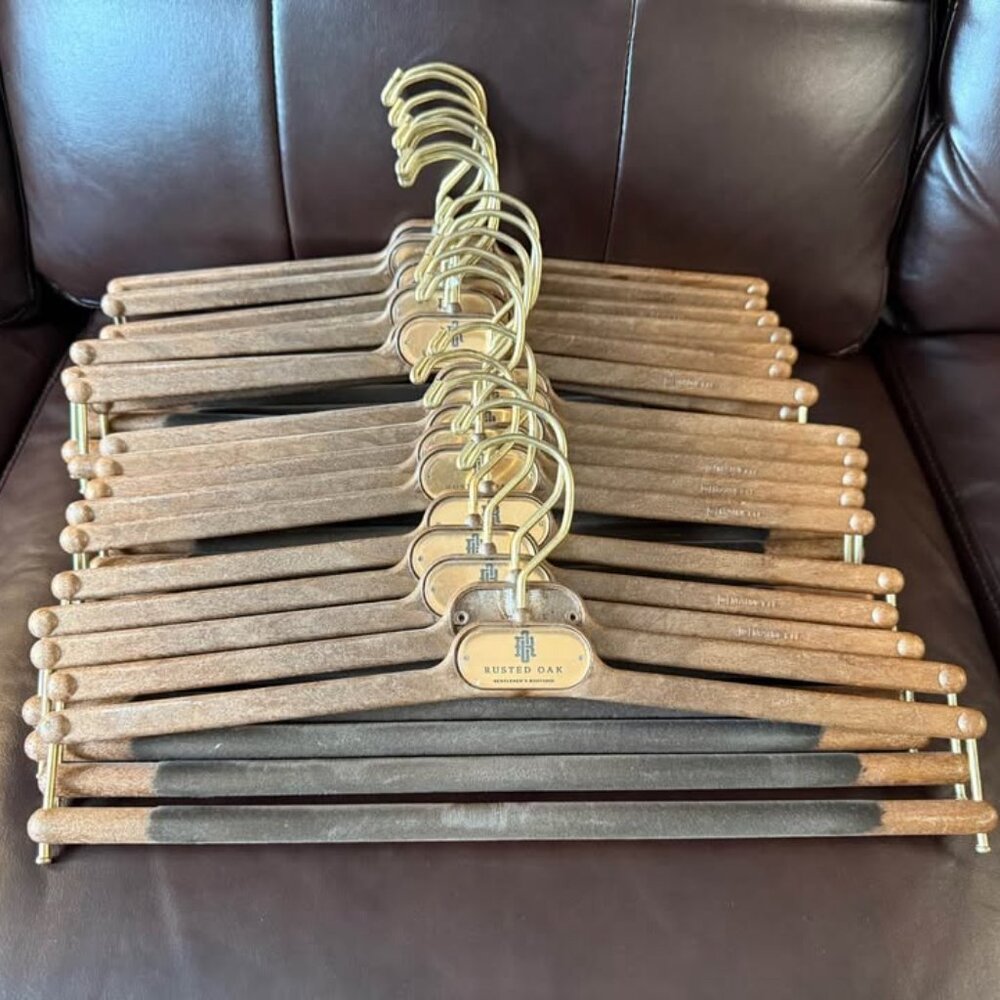 Rusted Oak menswear store custom faux wood pant hangers
